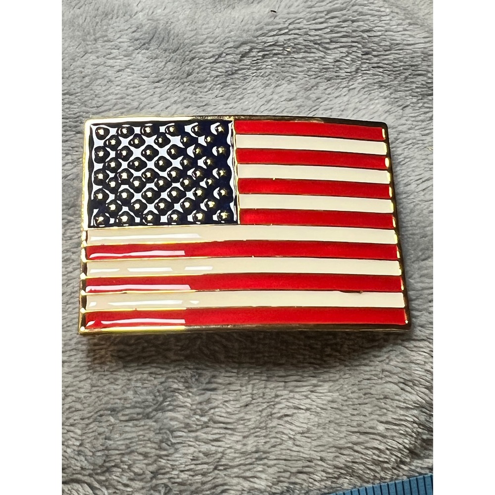 Vintage Dotty Smith American Flag Belt Buckle Gold Tone Patriotic USA Enamel